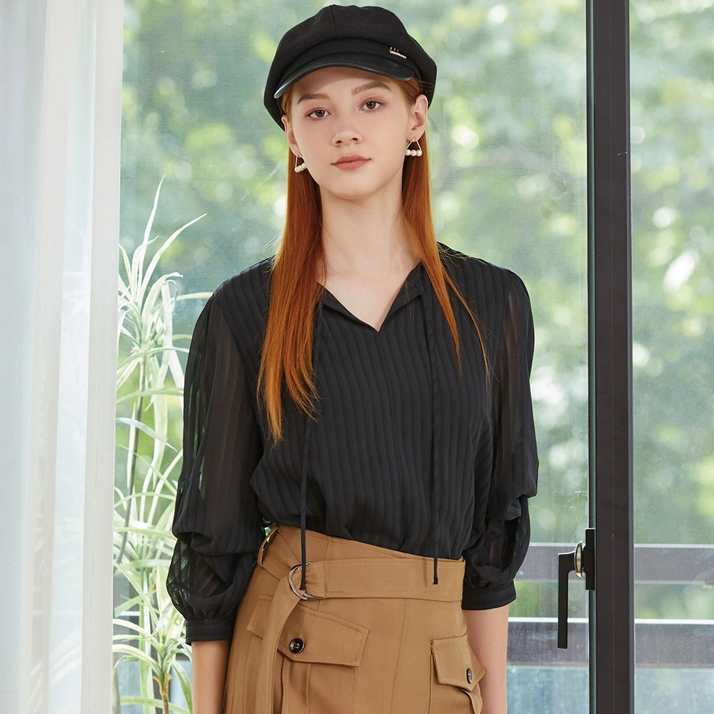 IENA 袖抓摺條紋上衣#4235010(白/黑色) | IENA女性化職場服飾