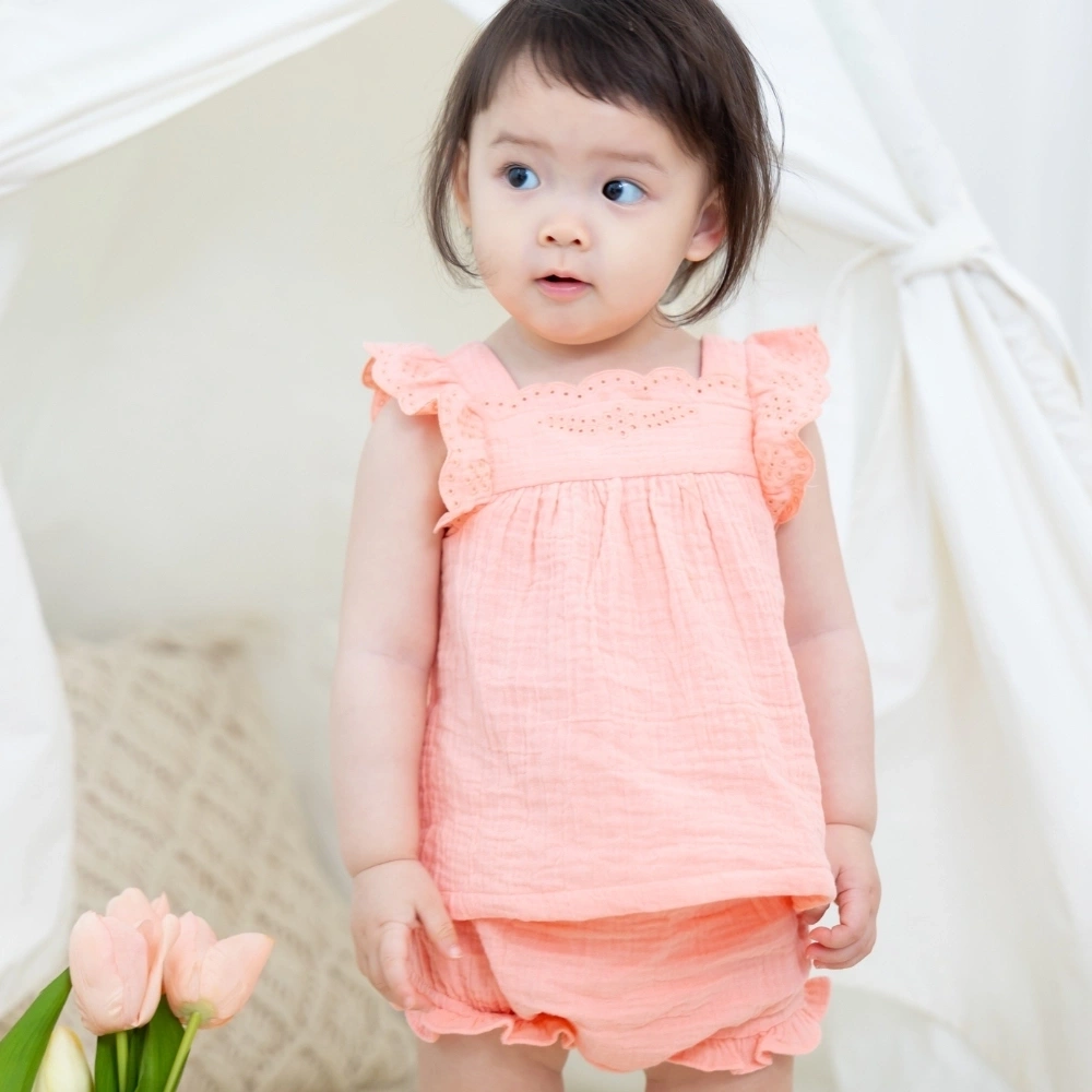【Little Me】桃色鏤空荷葉邊上衣/褲子/髮帶