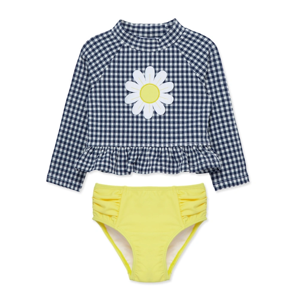 【Little Me】白花格紋長袖防護泳裝組