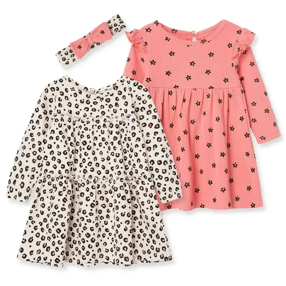 【Little Me】豹紋長袖洋裝二入/髮帶