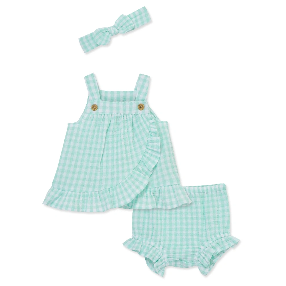 【Little Me】水色格紋背心上衣/褲子/髮帶