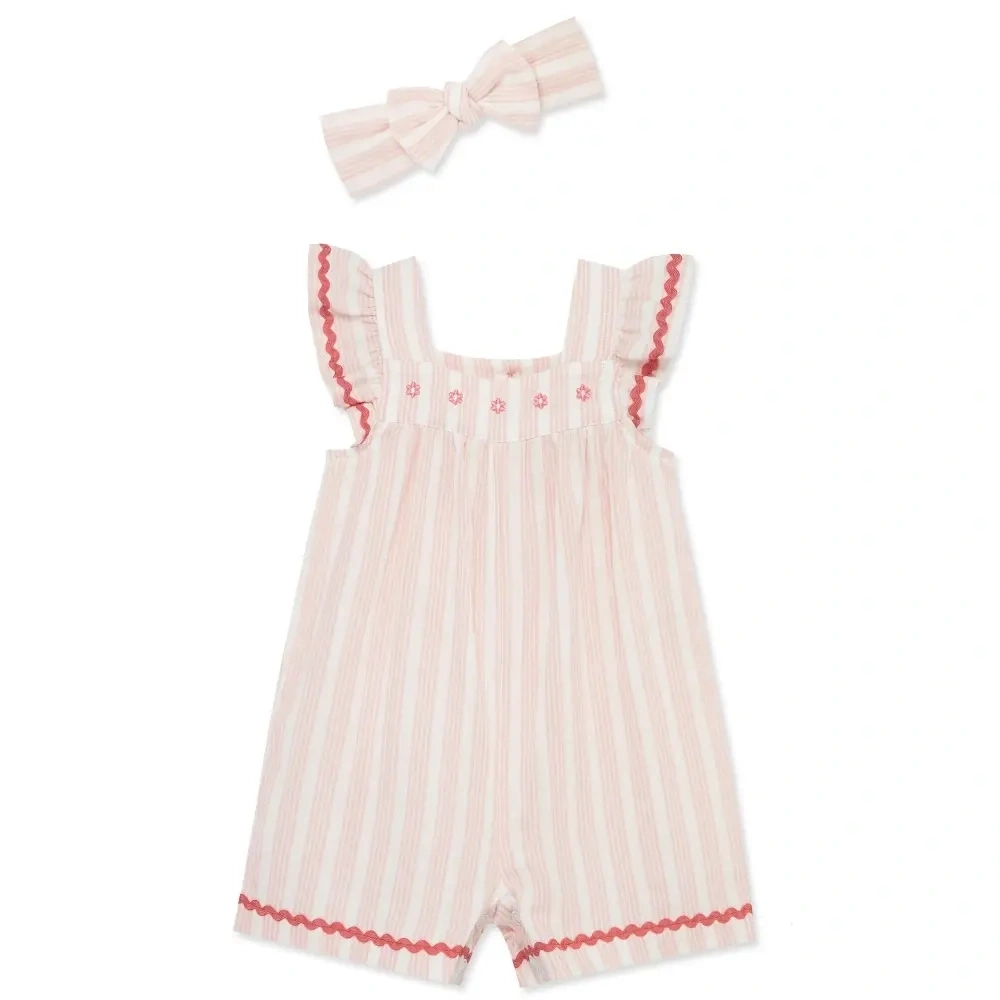 【Little Me】粉色條紋背心吊帶褲/髮帶