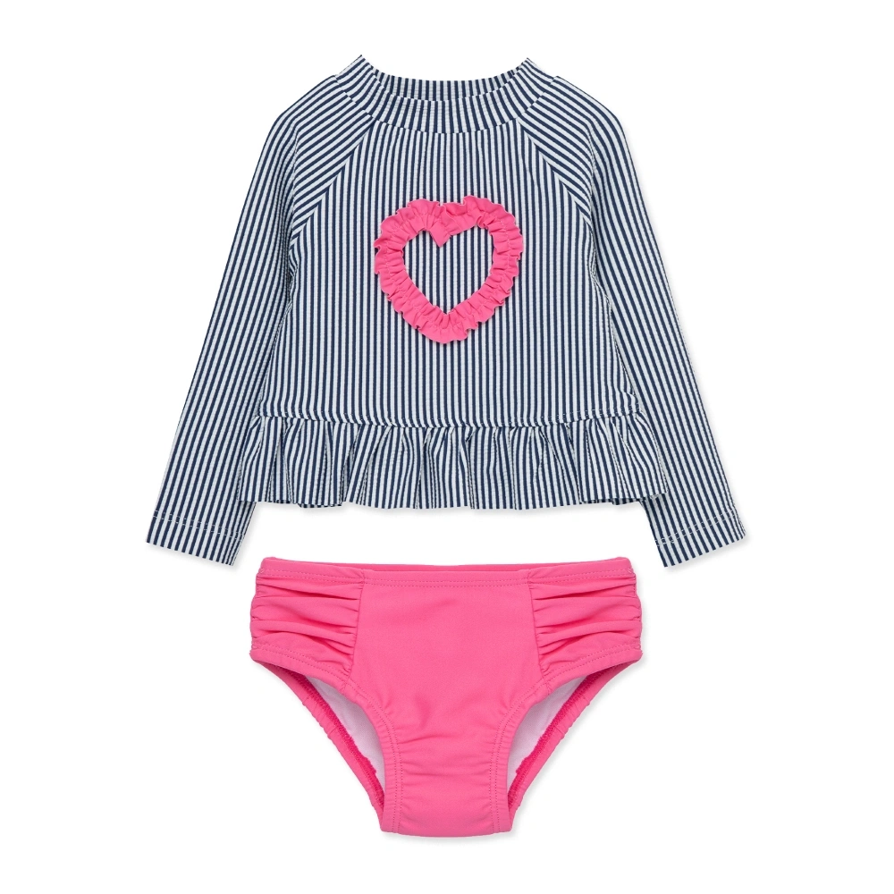 【Little Me】愛心條紋長袖防護泳裝組