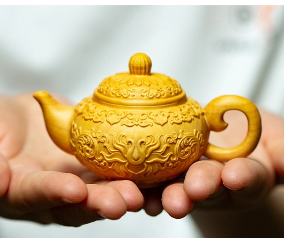 7905 中国美術 古錫蓮花漢詩刻茶壷(木箱) 茶心壺 785g