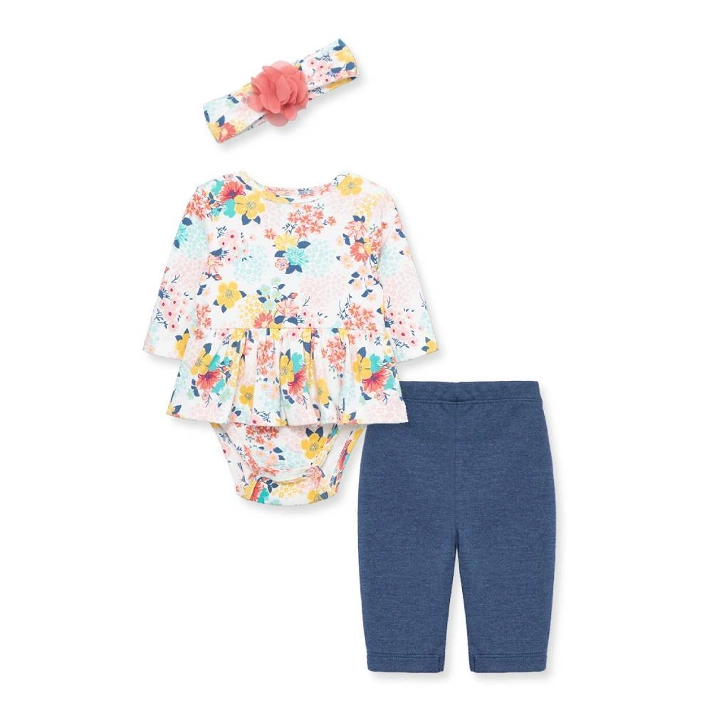 【Little Me】花卉長袖連身衣/長褲/髮帶