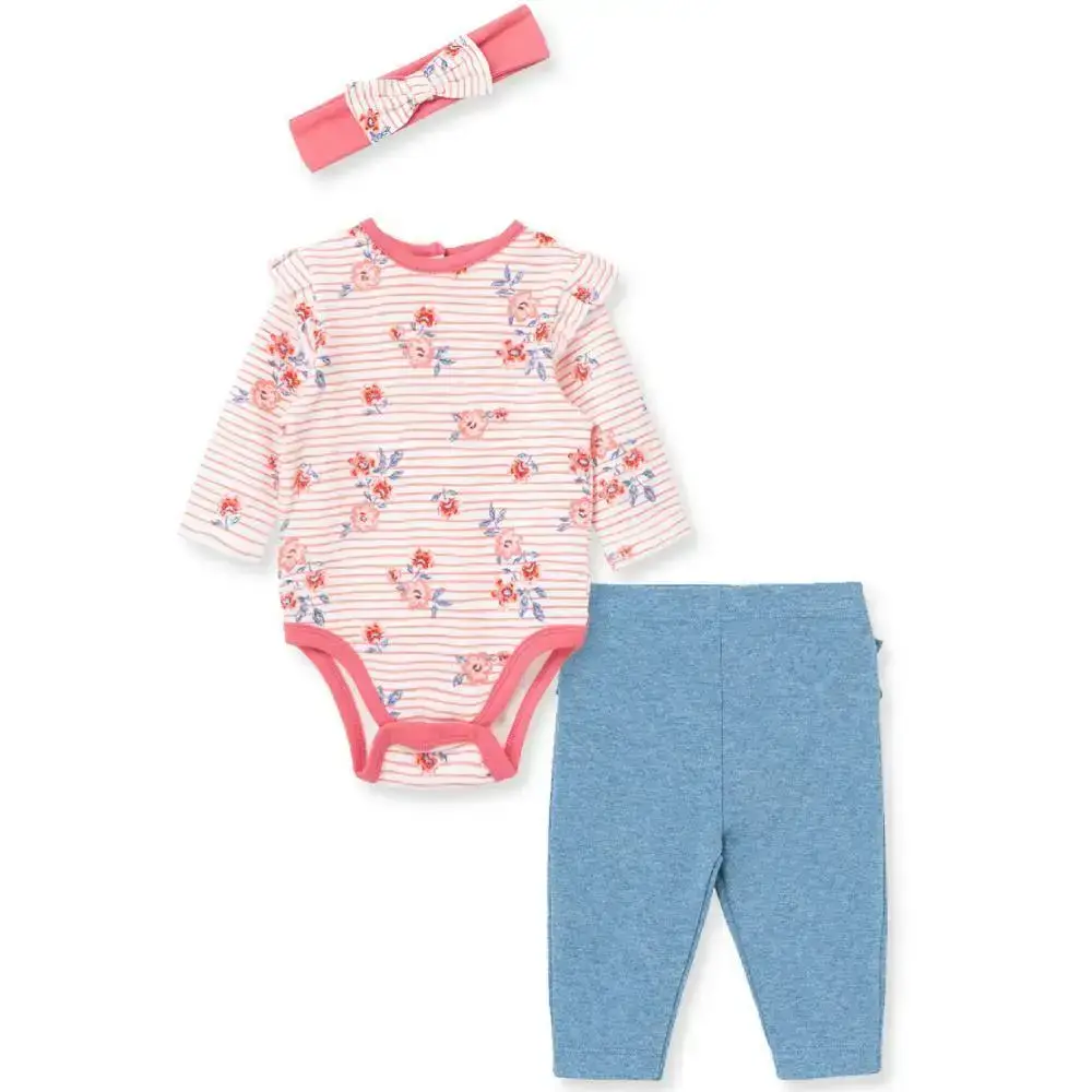 【Little Me】條紋花卉長袖連身衣/褲/髮帶