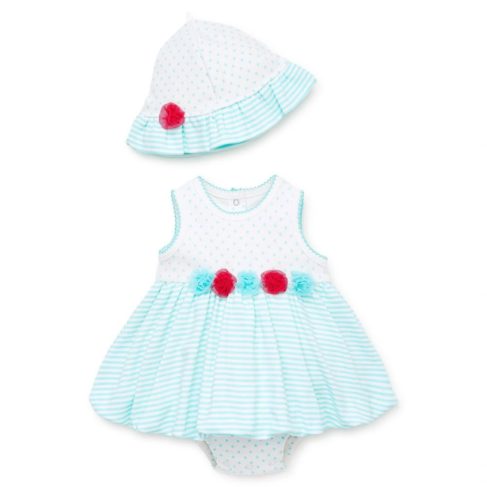 【Little Me】小花條紋帶裙連身衣＋帽子