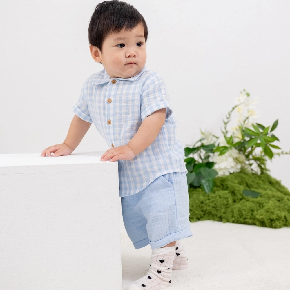 【Little Me】藍色格紋短袖上衣/褲子