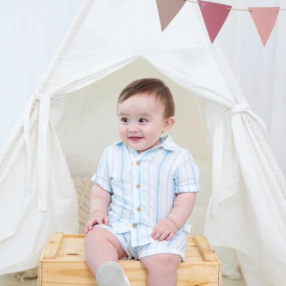 【Little Me】藍色條紋短袖上衣/褲子