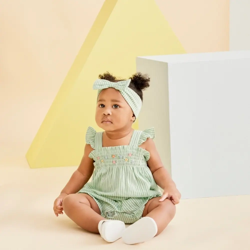 【Little Me】綠色條紋小花短兔裝/髮帶