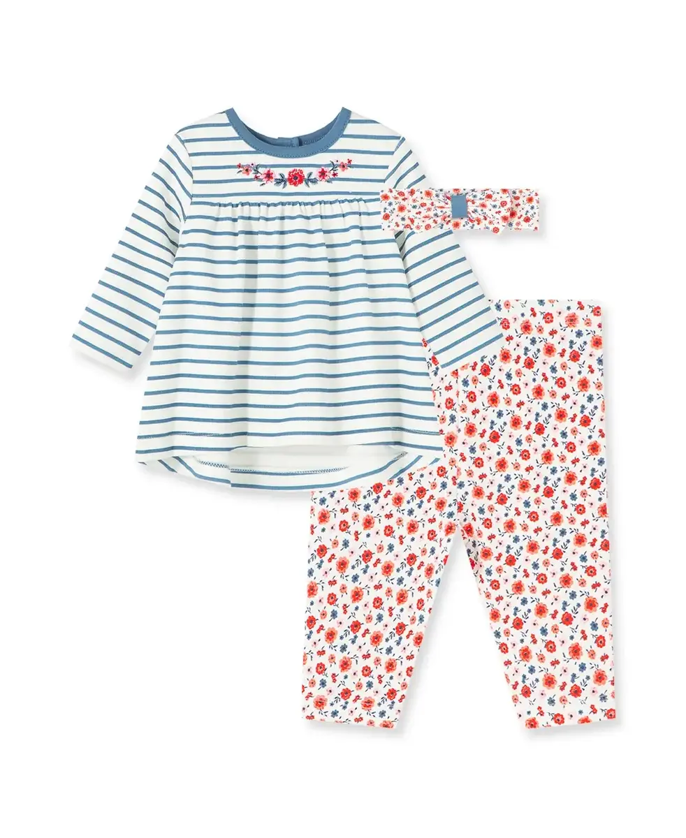 【Little Me】花卉條紋上衣/長褲/髮帶