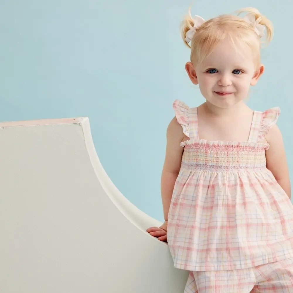 【Little Me】粉色格紋抓皺背心/褲子