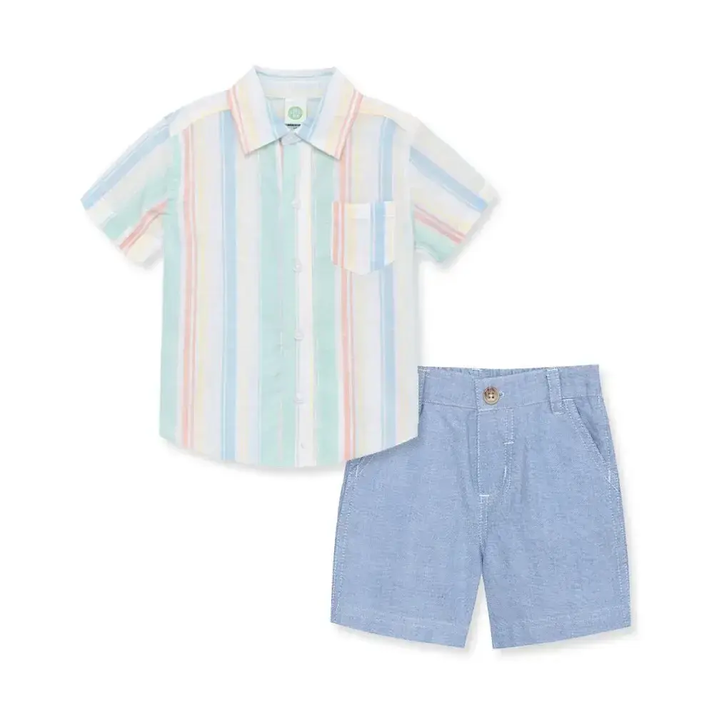 【Little Me】條紋平織襯衫/短褲