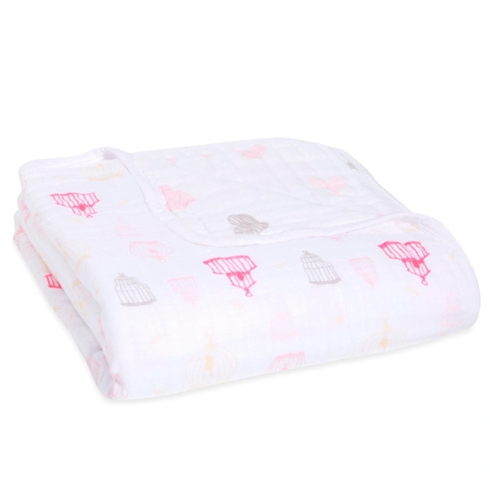 【Aden & Anais】經典四層紗厚毯/粉紅小鳥