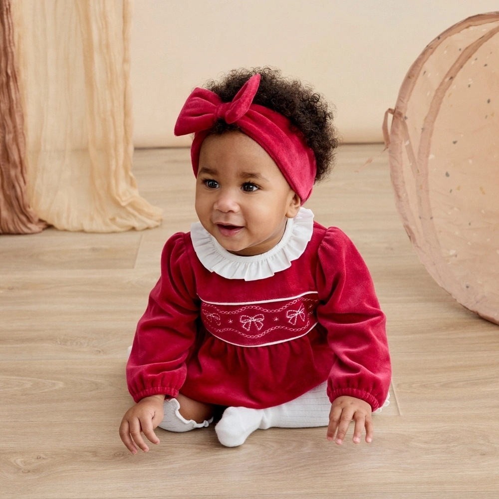 【Little Me】紅色皺褶泡泡洋裝/長襪/髮帶