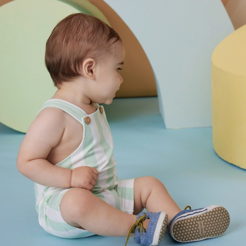 【Little Me】綠色條紋吊帶褲