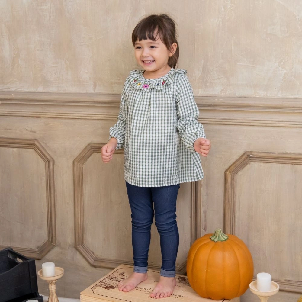 【Little Me】綠格小花上衣二入/長褲