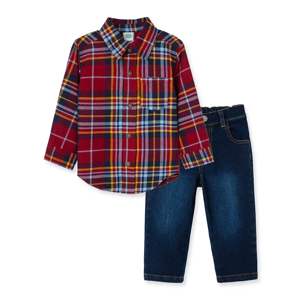 【Little Me】酒紅格子襯衫/長褲