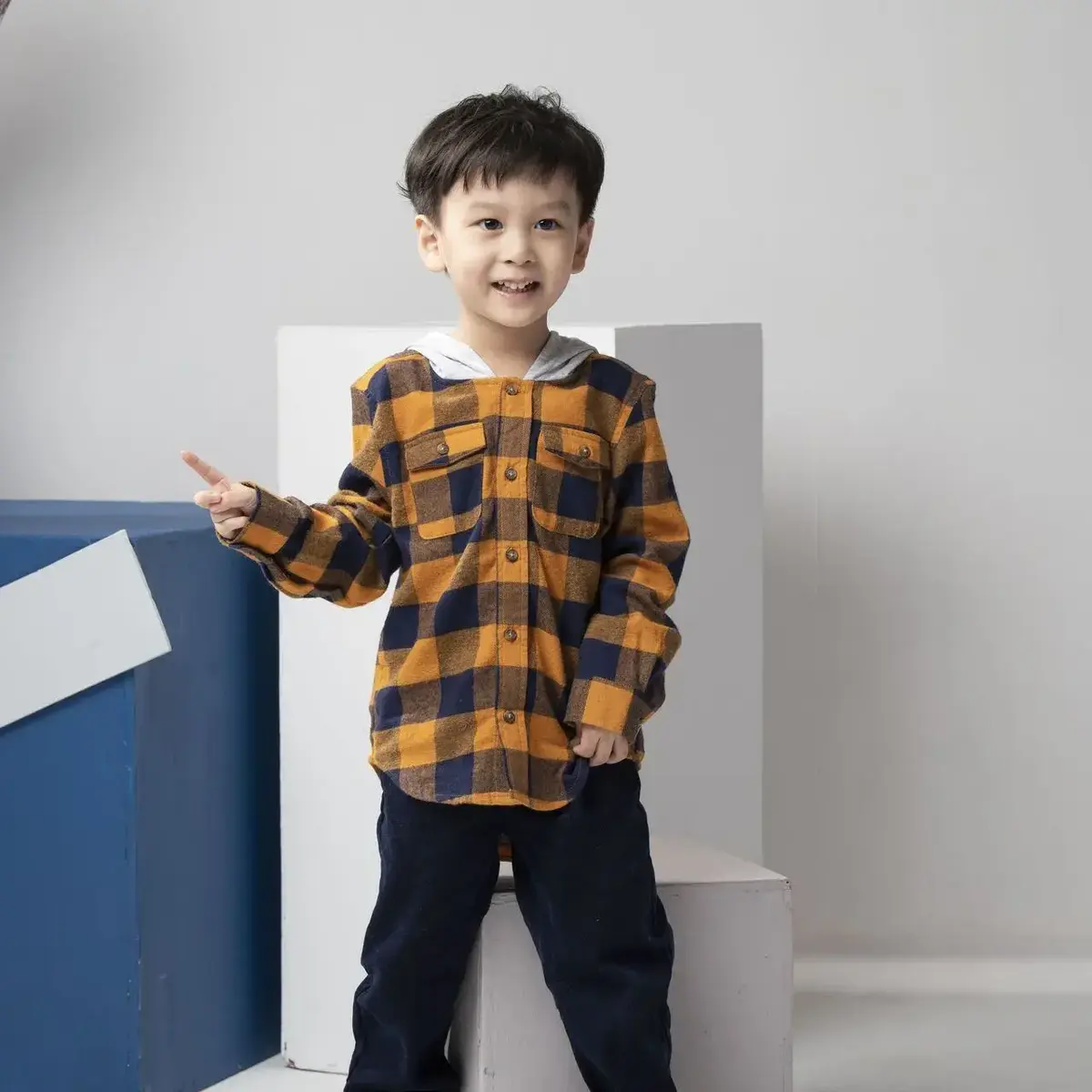 【Little Me】黃綠格子帶帽襯衫/長褲