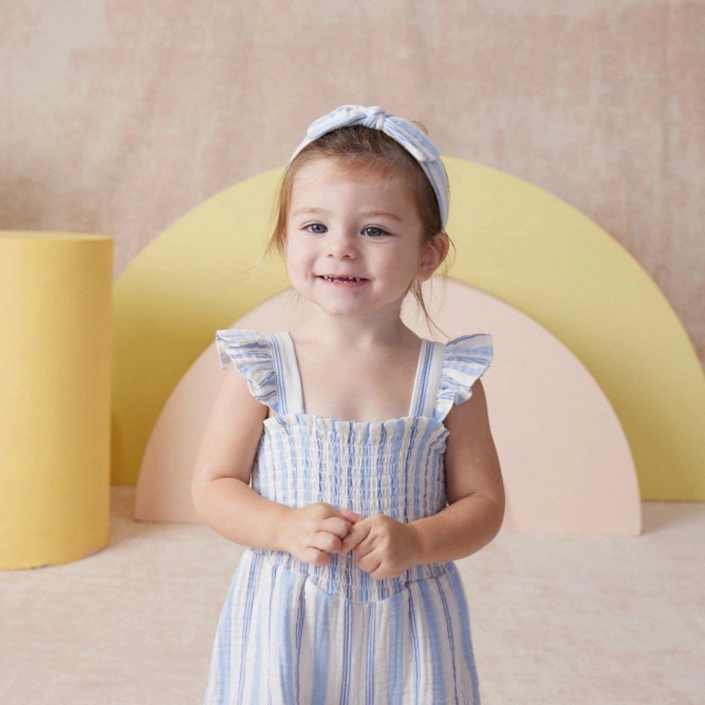 【Little Me】藍色條紋背心吊帶褲/髮帶