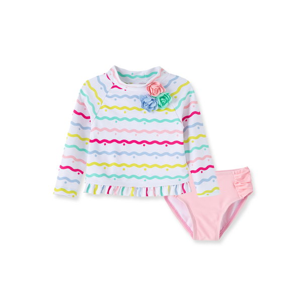 【Little Me】彩色波浪長袖防護泳裝二件組