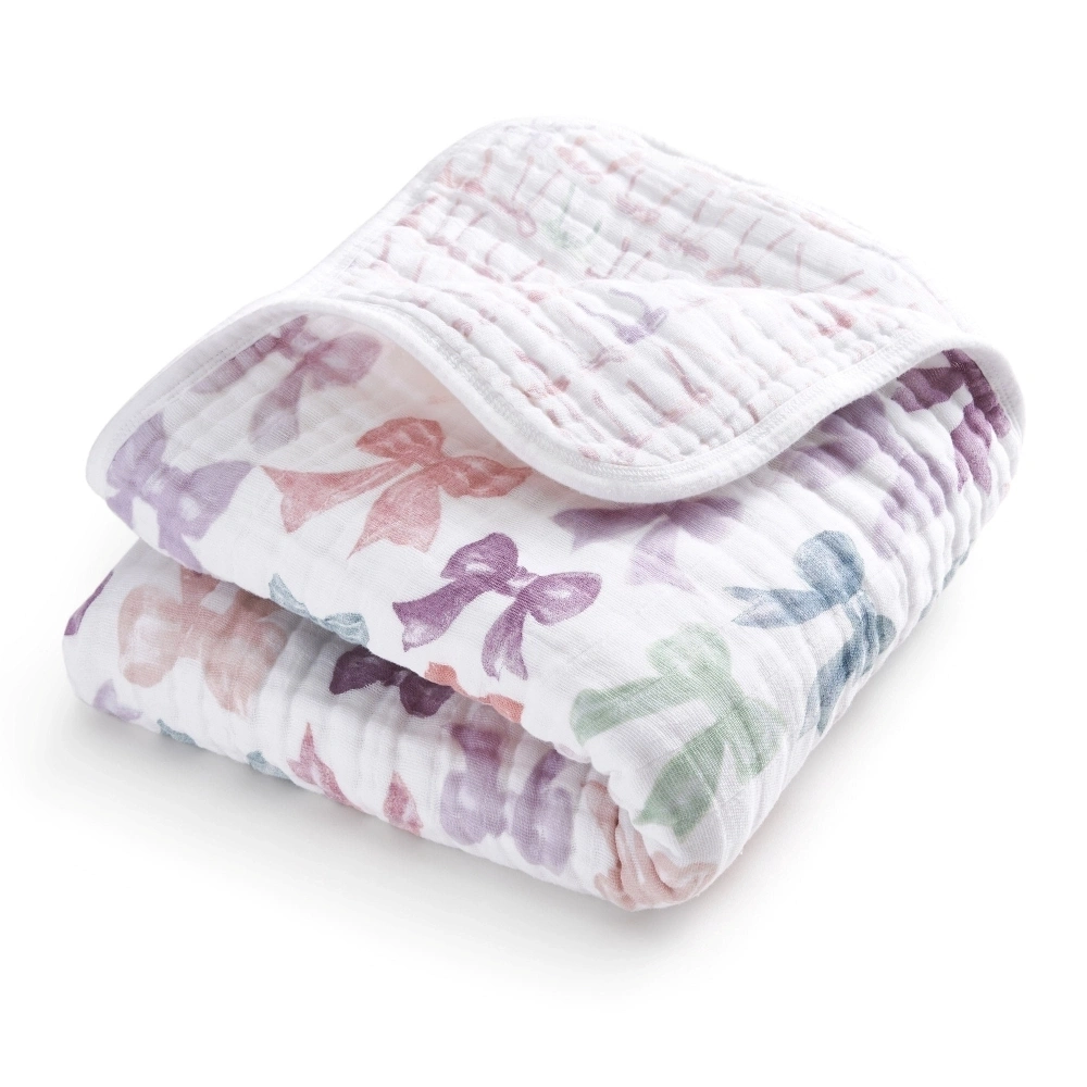 【Aden & Anais】有機棉四層紗毯/裸粉蝴蝶結 四季皆適用 敏感肌推薦 舒適親膚 柔軟小被被 推車毯子 幼兒園冷氣毯  彌月禮盒