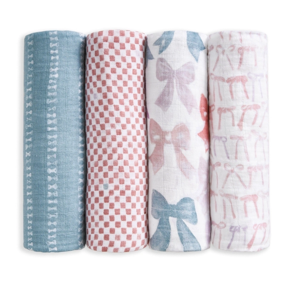 【Aden&Anais】有機棉包巾4入/裸粉蝴蝶結 新生兒包巾 一巾多用 四季皆適用 安心包覆感 柔軟小被被 哺乳巾  彌月禮盒 月中推薦 印度製