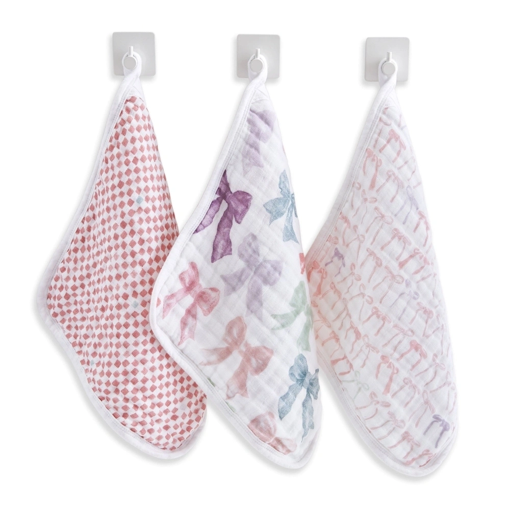 【Aden & Anais】有機棉方巾3入/裸粉蝴蝶結 紗布方巾 口水巾 寶寶擦澡巾 柔軟親膚舒適 快乾吸水 新生兒必備手帕 印度製