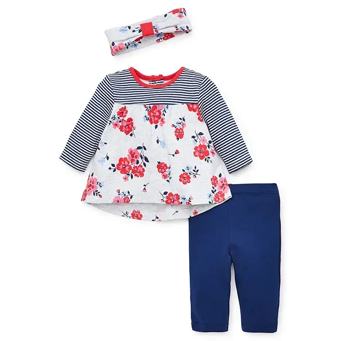 【Little Me】花卉條紋上衣＋長褲＋髮帶