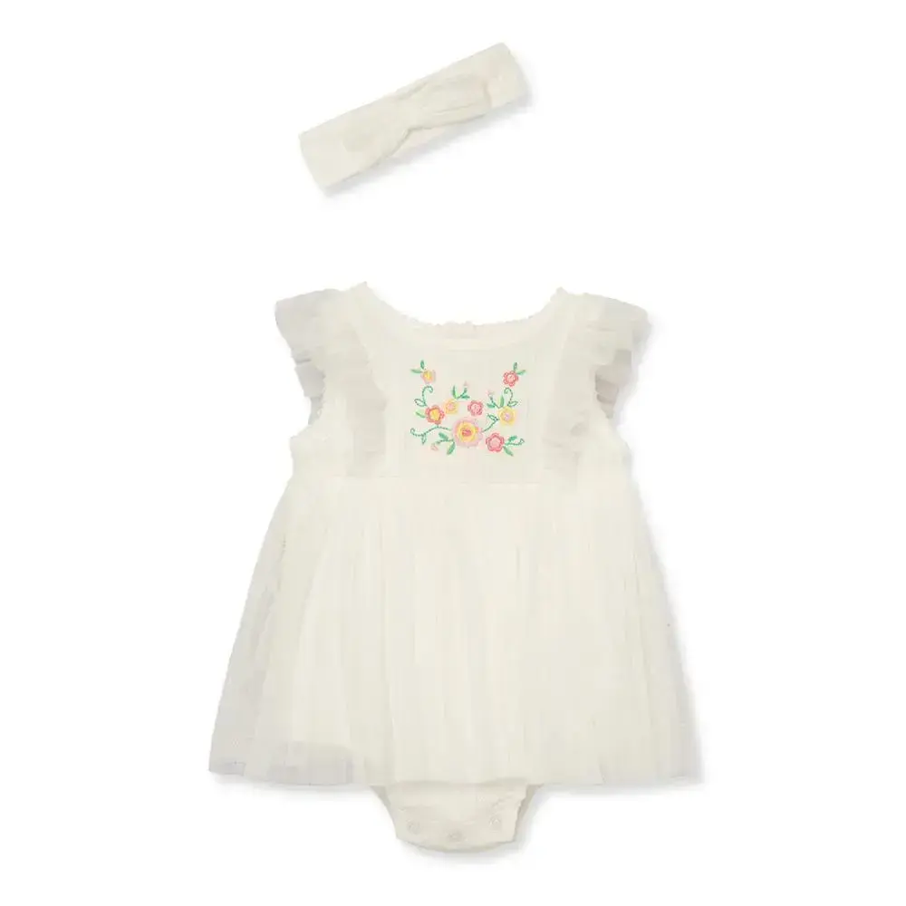 【Little Me】甜美花朵紗裙連身衣/髮帶