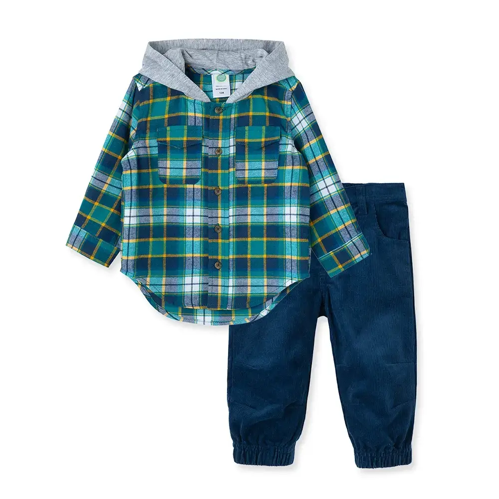 【Little Me】藍綠格子帶帽襯衫/長褲