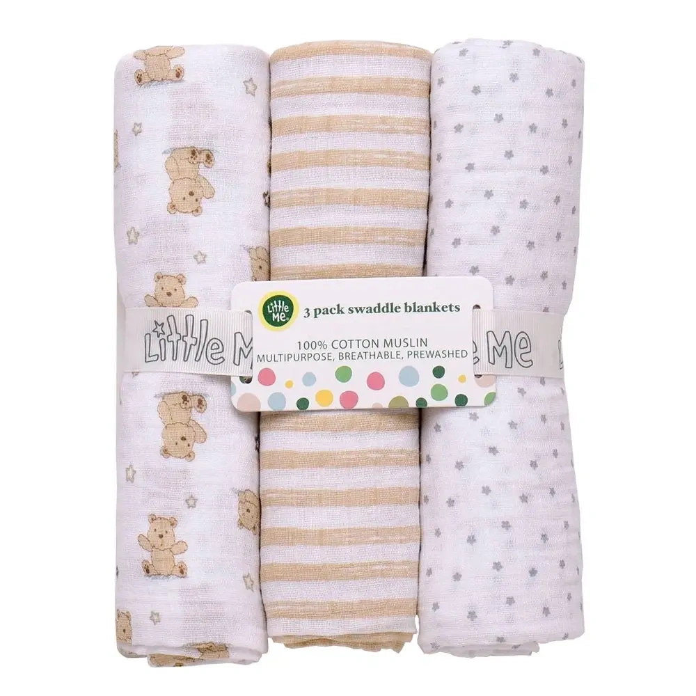 【Little Me】棕色小熊多功能紗布包巾三入