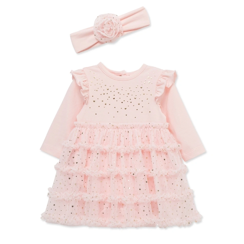 【Little Me】粉紅點點紗裙洋裝/髮帶