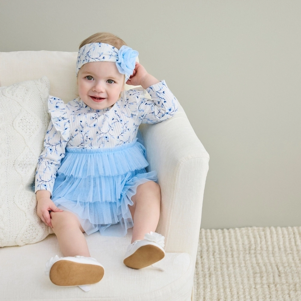 【Little Me】藍色花卉紗裙洋裝/髮帶