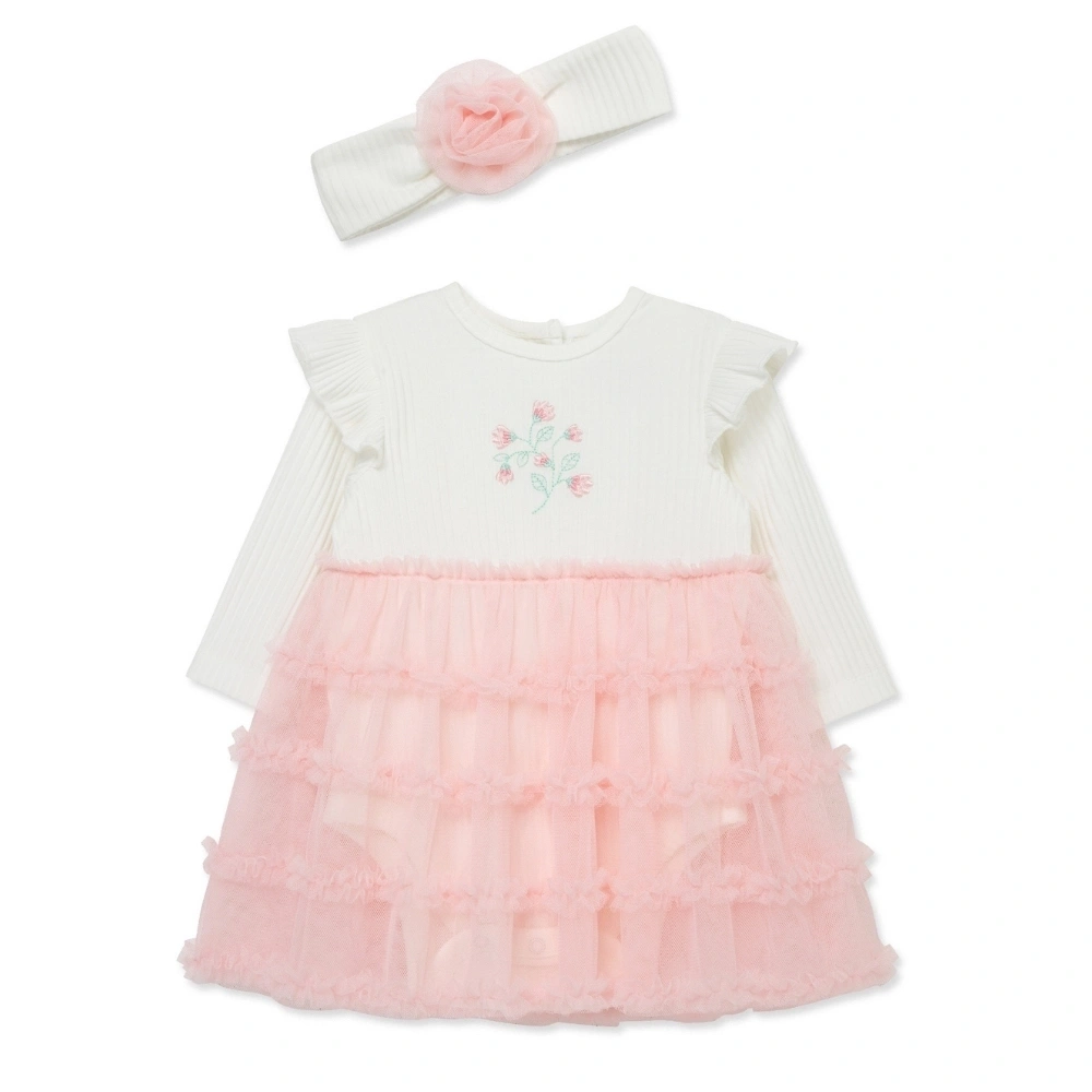 【Little Me】粉紅花開紗裙洋裝/髮帶