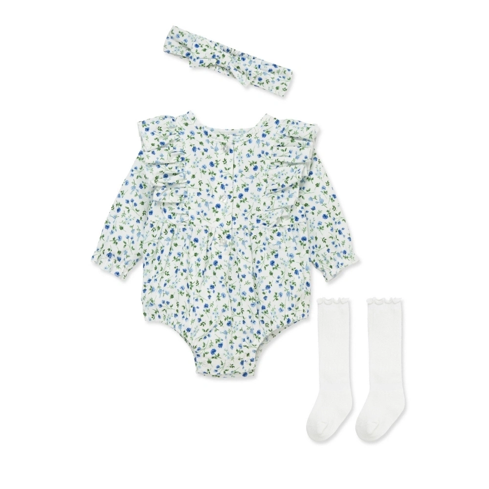 【Little Me】藍色花卉泡泡洋裝/長襪/髮帶