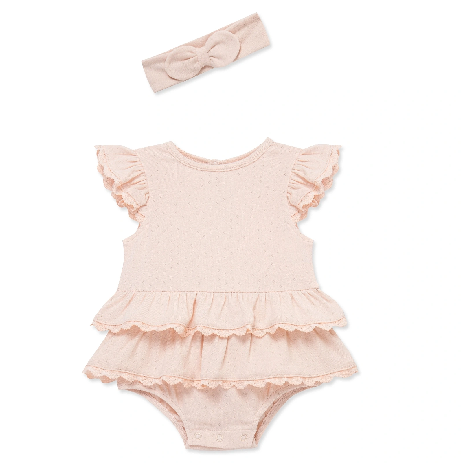 【Little Me】珊瑚粉竹纖維泡泡連身衣/髮帶