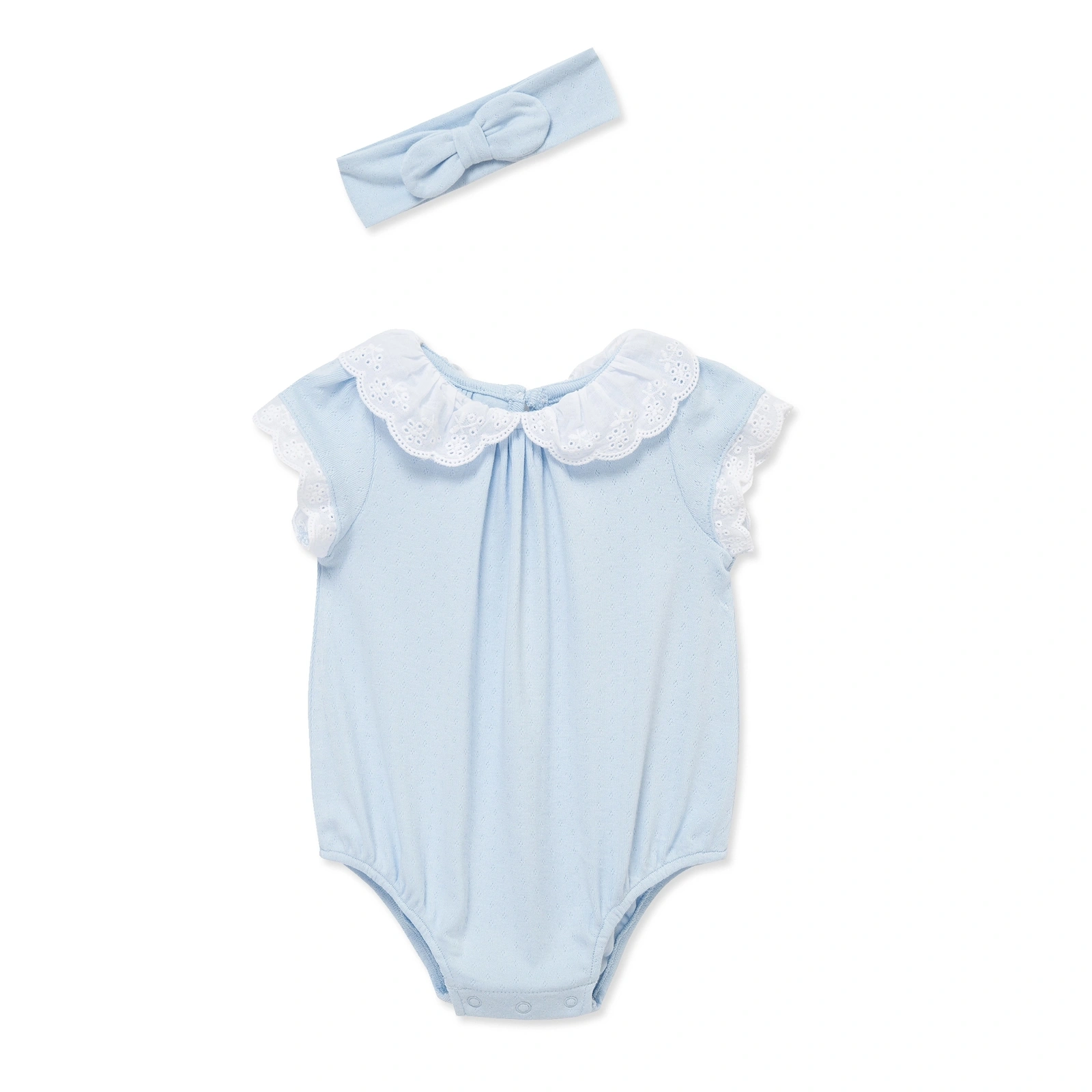 【Little Me】水藍帶領竹纖維泡泡連身衣/髮帶