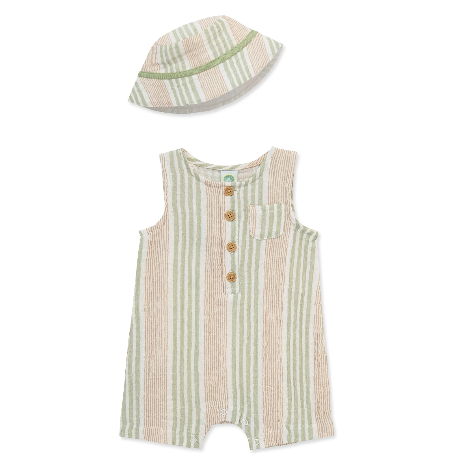 【Little Me】橄欖綠條紋休閒短兔裝/帽子