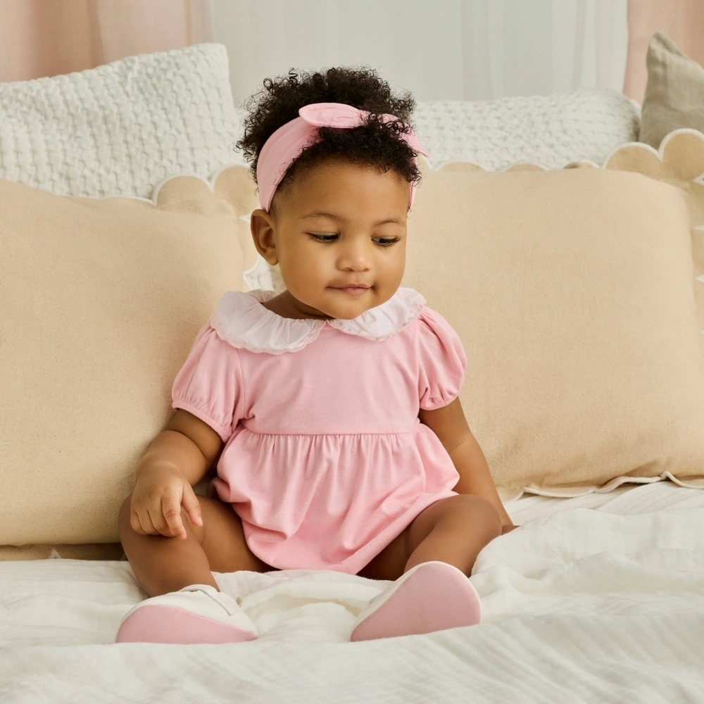 【Little Me】糖果粉帶領竹纖維泡泡連身衣/髮帶