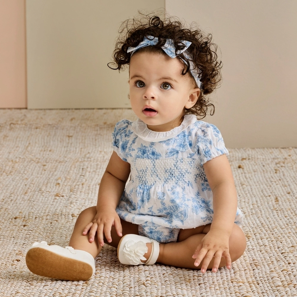 【Little Me】藍花泡泡連身衣/髮帶