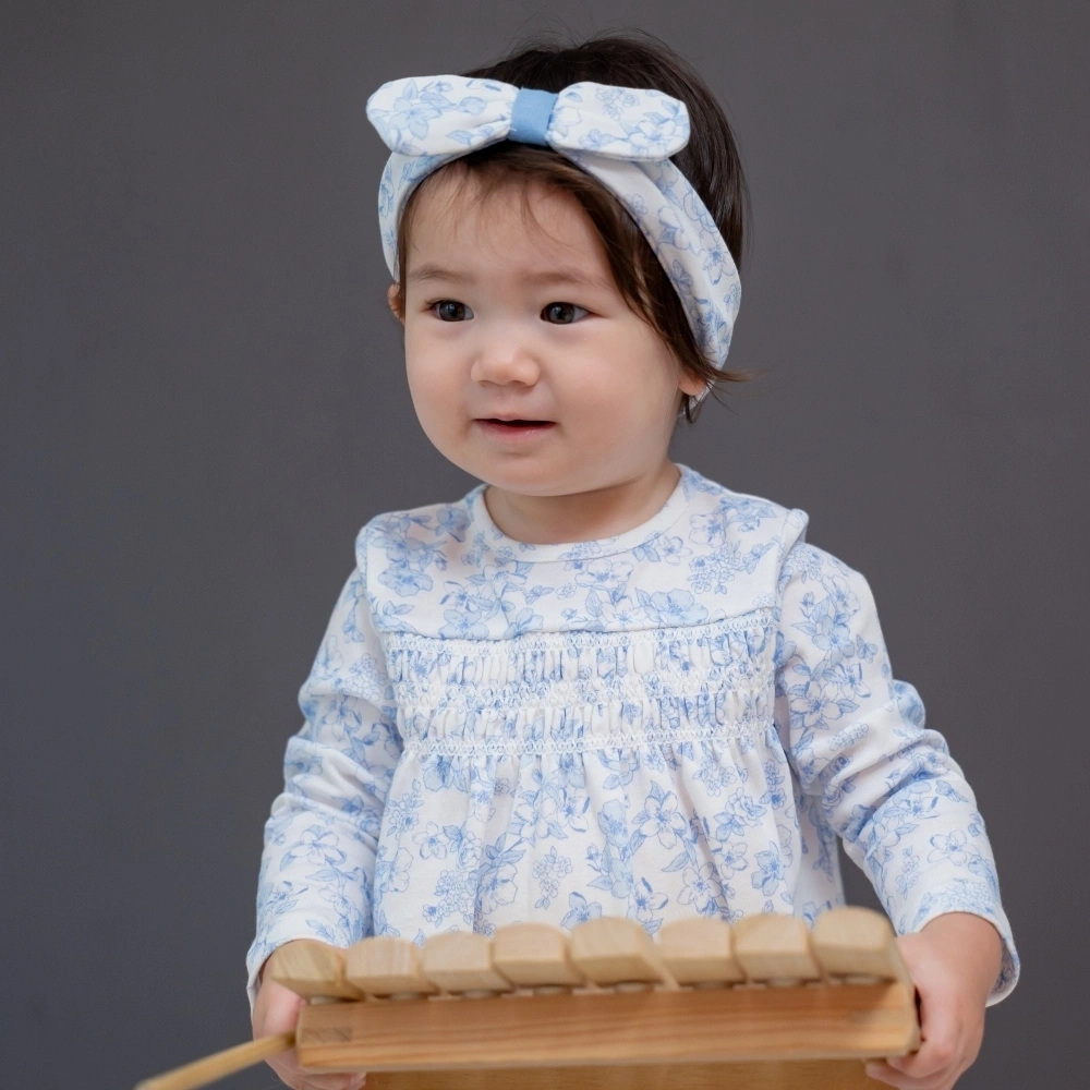 【Little Me】藍花褶皺上衣/長褲/髮帶