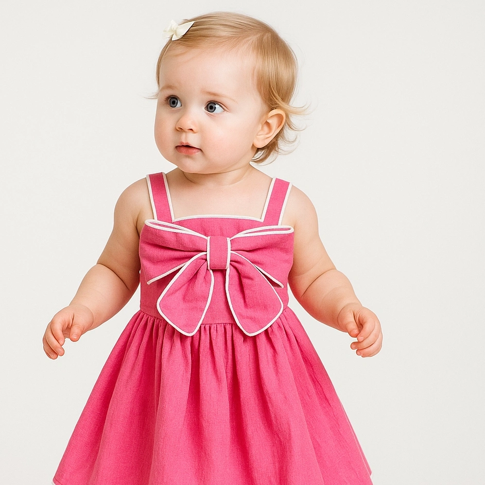 【Little Me】粉色蝴蝶結滾邊吊帶洋裝