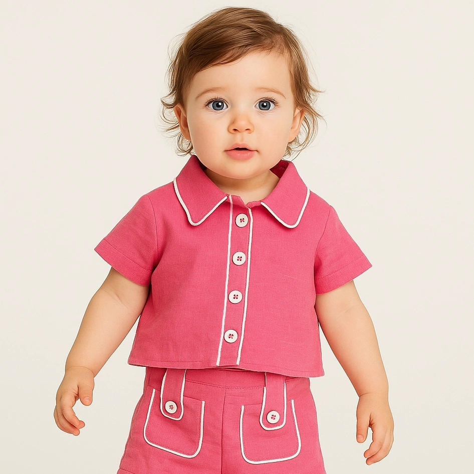 【Little Me】粉色襯衫短袖上衣/褲子