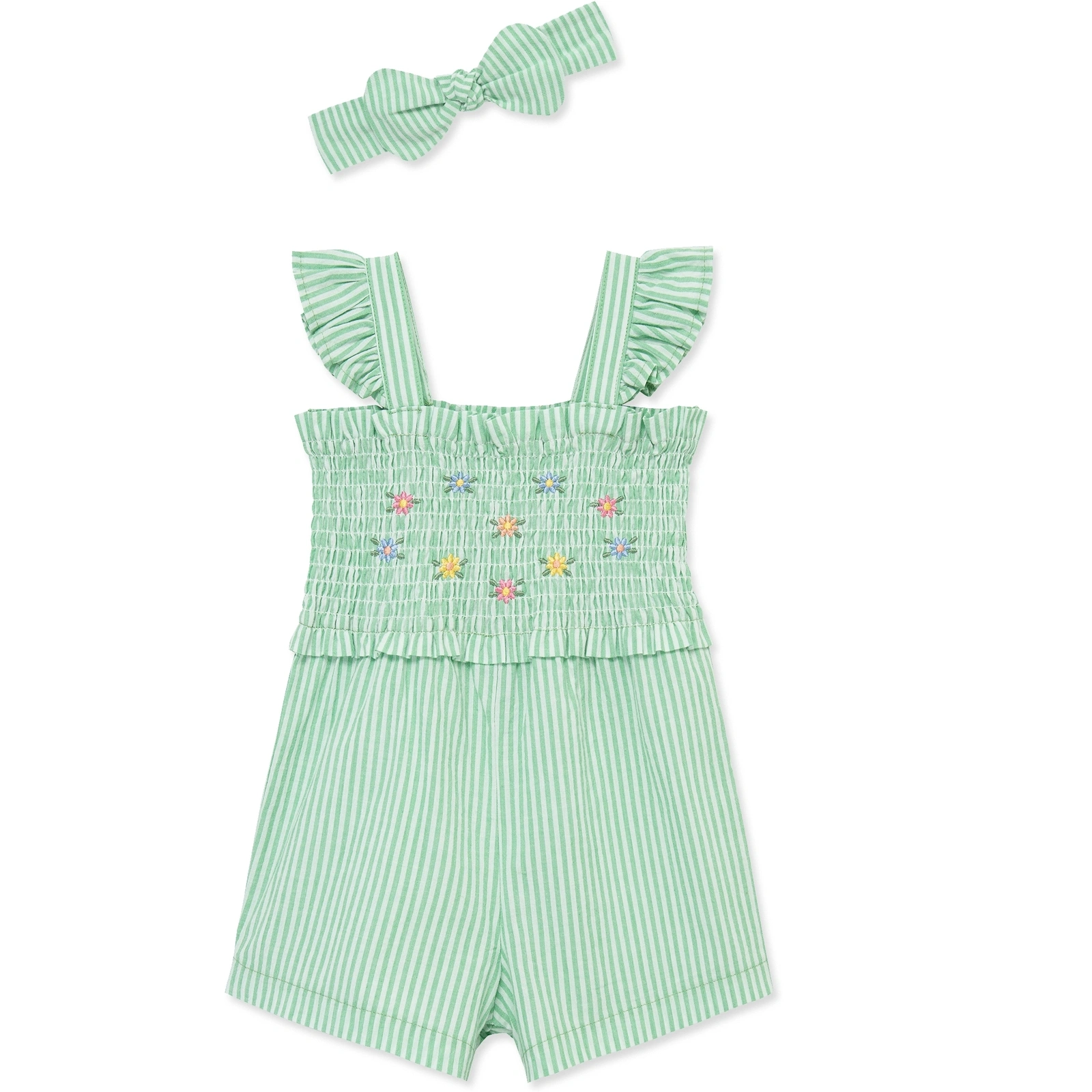 【Little Me】綠色條紋鬆緊連身褲/髮帶
