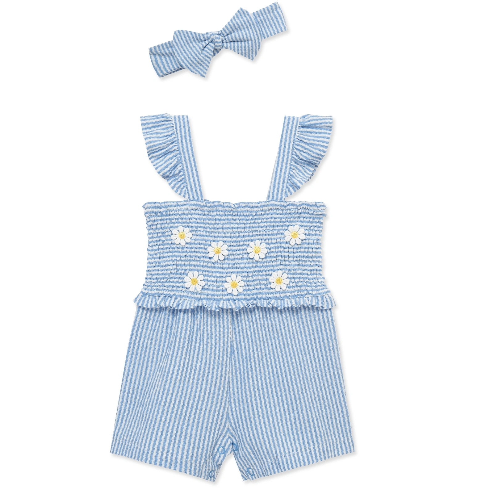 【Little Me】藍色條紋鬆緊連身褲/髮帶