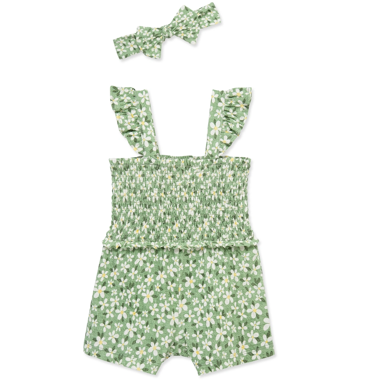 【Little Me】綠色碎花鬆緊連身褲/髮帶