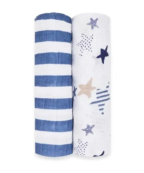 【Aden&Anais】經典多功能包巾2入/灰藍星星