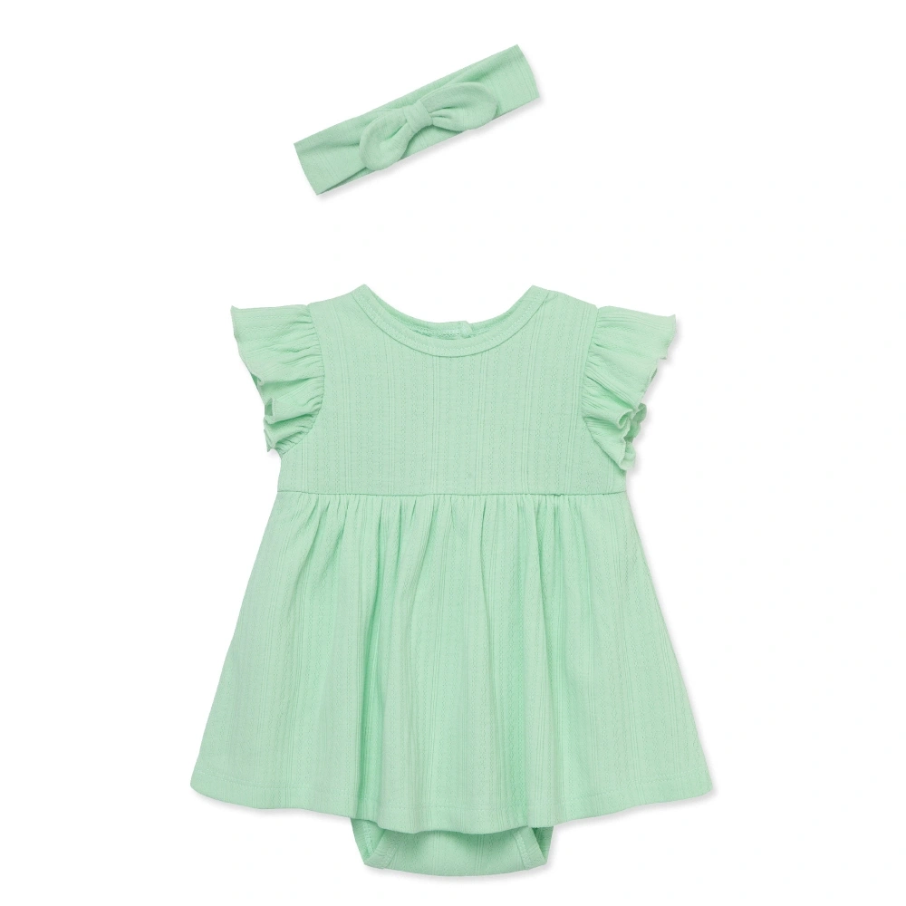 【Little Me】綠色帶裙連身衣/髮帶