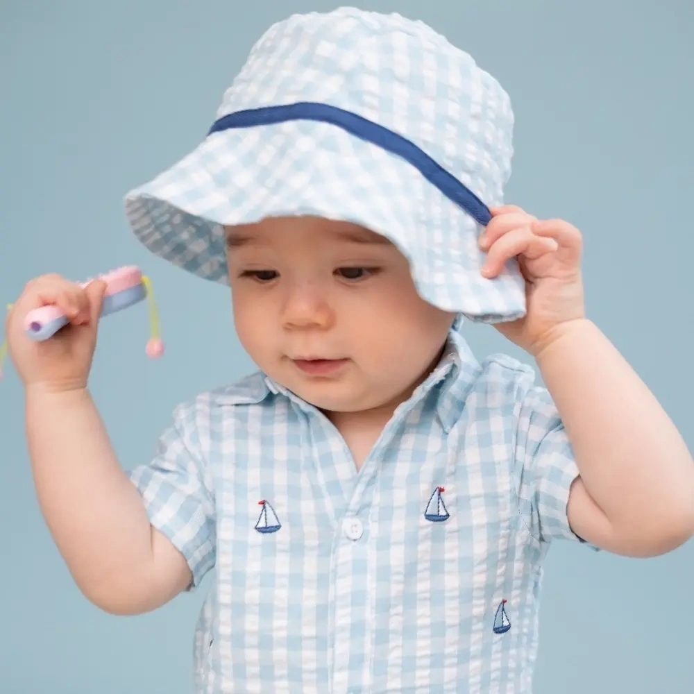 【Little Me】藍色格紋休閒短兔裝/帽子